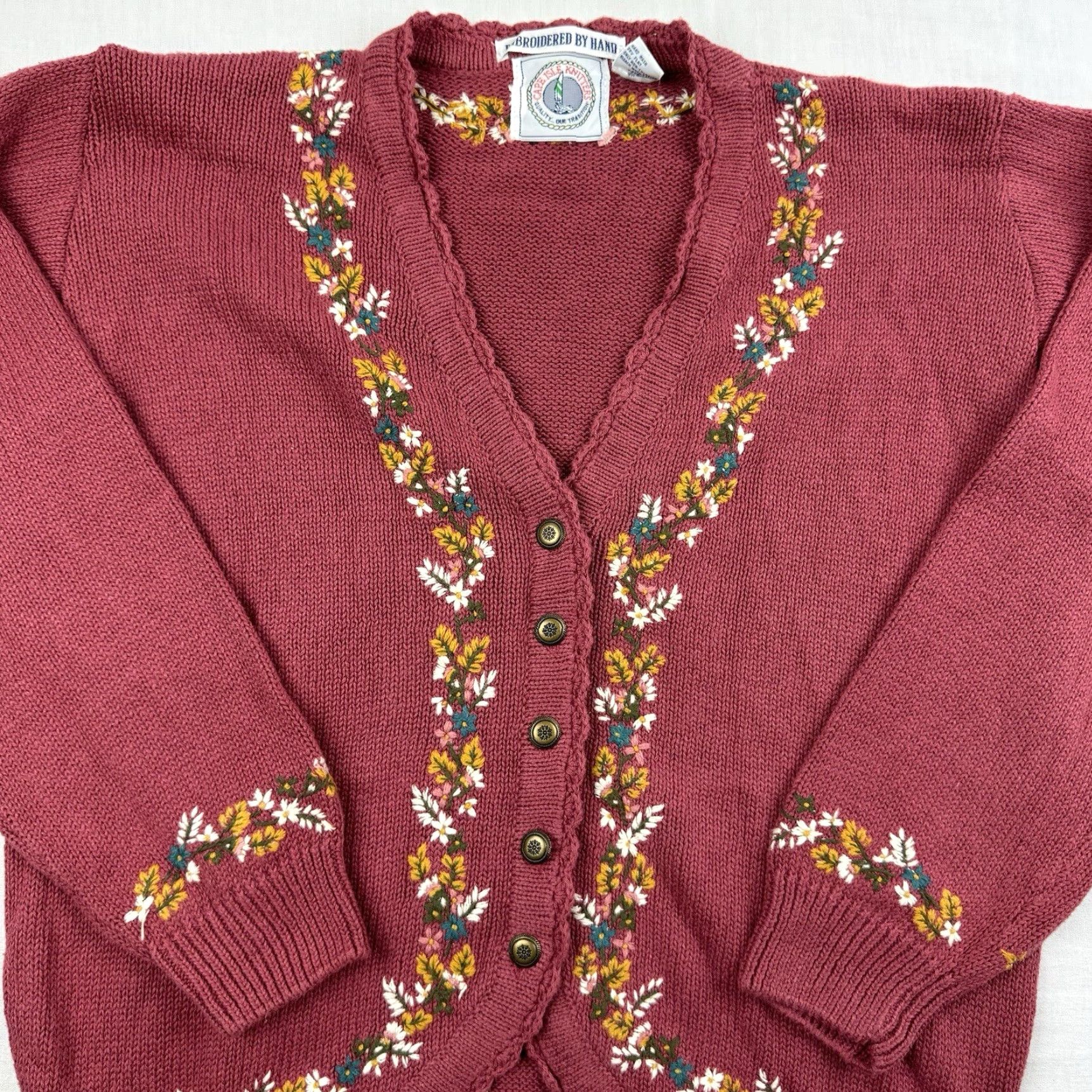 Vintage VINTAGE Cape Isle Women's Cardigan Sweater S Knit Floral 90s Red Casual Womens Size S / US 4 / IT 40 - 2 Thumbnail