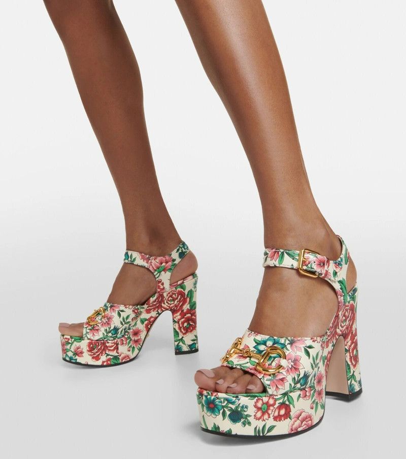 Gucci GUCCI Charlotte white floral print horsebit platform sandals Size US 9.5 / IT 39.5 - 3 Thumbnail