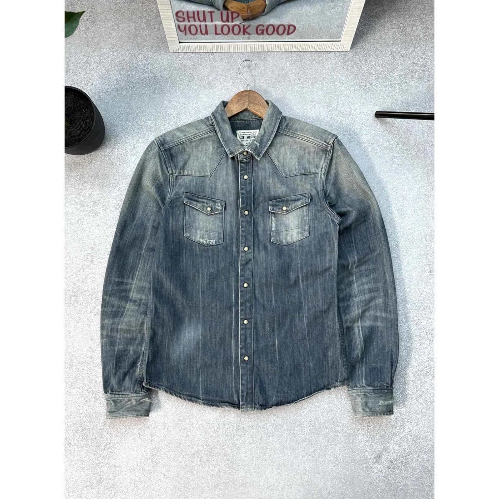Allsaints AllSaints Denim Shirt Snap Distressed Vintage Blue Button Casual Mens M Blue Denim Y2K Shirt Size US M / EU 48-50 / 2 - 2 Thumbnail