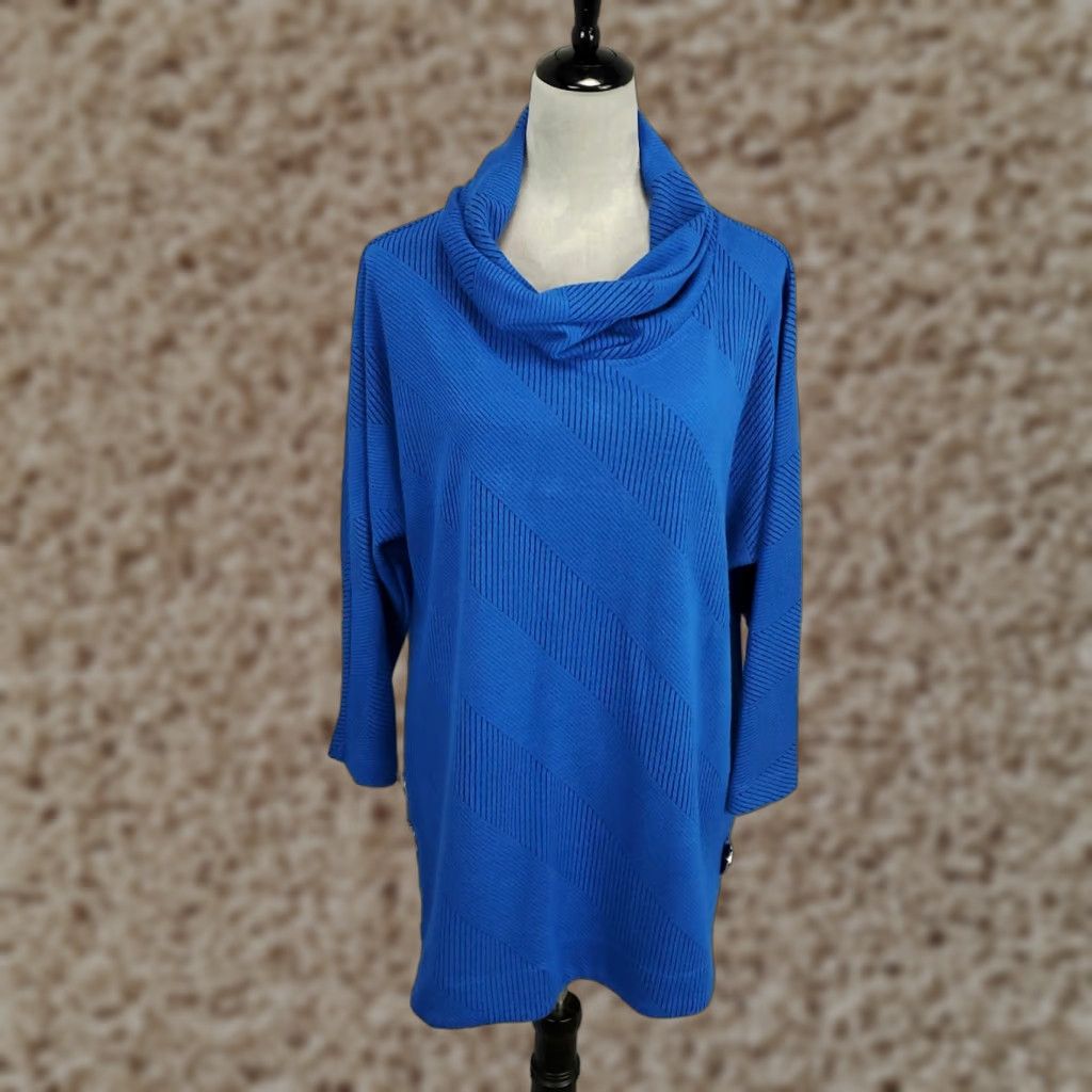 Vintage Ali Miles Sweater Womens Large Blue Striped Button Accent Cowl Neck Tunic Top Size L / US 10 / IT 46 - 1 Thumbnail