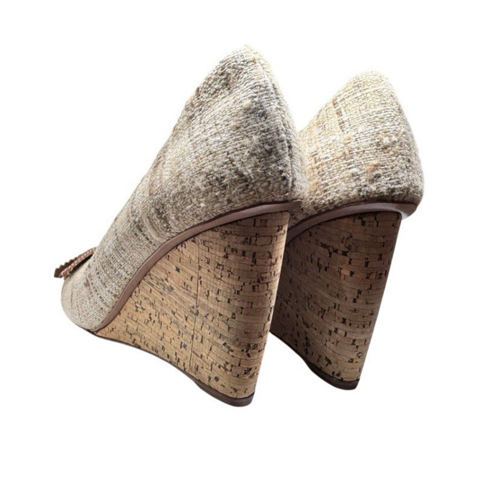 Prada PRADA TWEED BEIGE BROWN CORK WEDGE PEEP TOE SHOES 39 Size US 9 / IT 39 - 5 Thumbnail