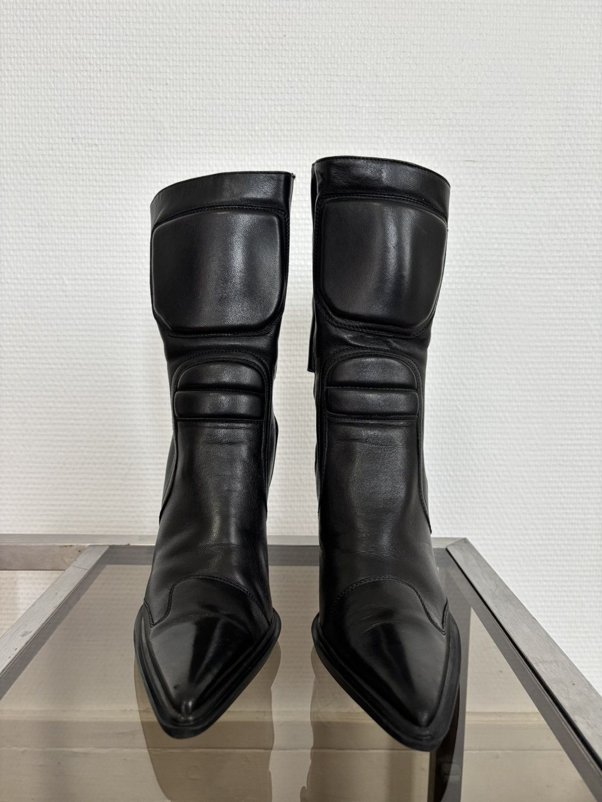 Miu Miu 00’s Vintage Miu Miu Black Padded Leather Biker Heel Boots Size US 7 / IT 37 - 2 Thumbnail