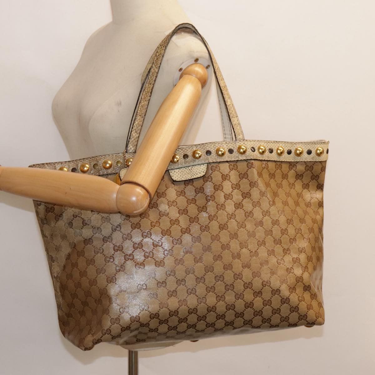 GUCCI GG Crystal Tote Bag Coated Canvas Beige White Silver