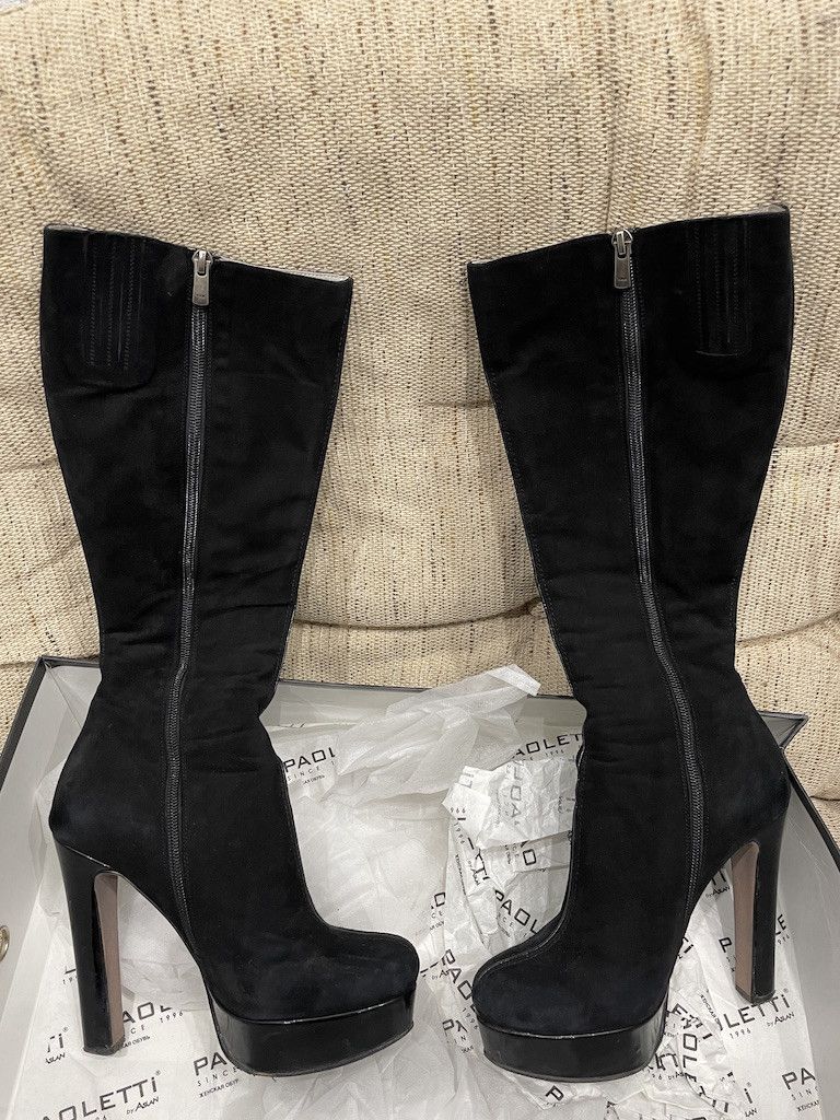 Paoloni Vintage PAOLETTI By Aslan Suede-Leather Black Full-Zip High Knee Boots Heels Shoes 36 Size US 6 / IT 36 - 4 Thumbnail