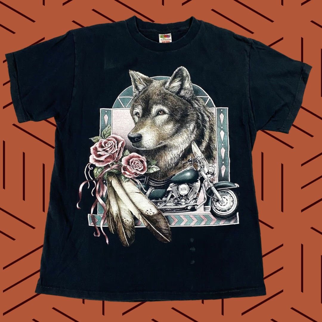 Fruit Of The Loom VTG 90s BACK TO EARTH FRUIT OF THE LOOM T-Shirt Black Adult Large L Crew Neck Short Sleeve Biker Rose Wolf Graphic Men Vintage Shirt Size US L / EU 52-54 / 3 - 1 Thumbnail
