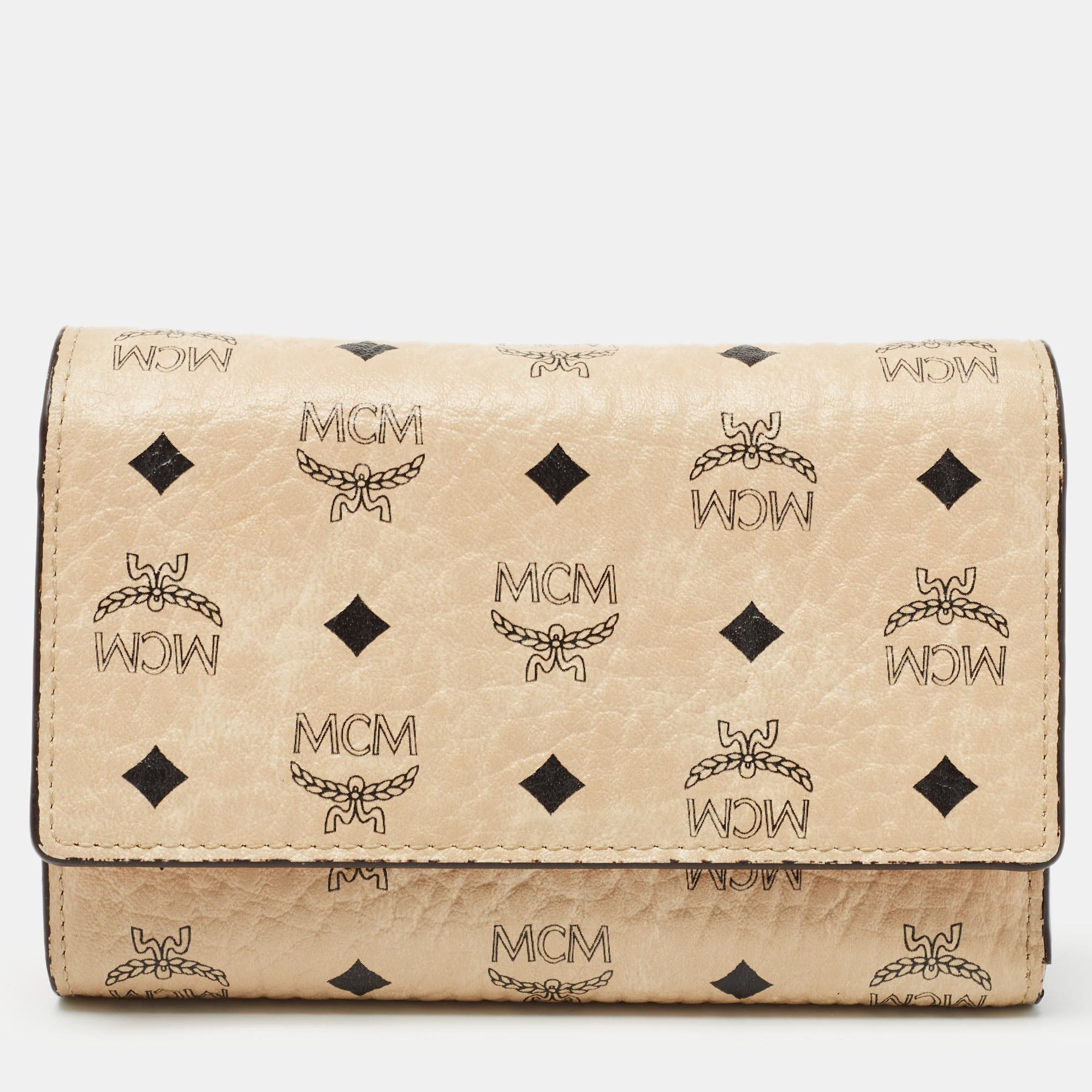 image of MCM Beige/peach Visetos Coated Canvas And Leather Trifold Wallet in White, Women's