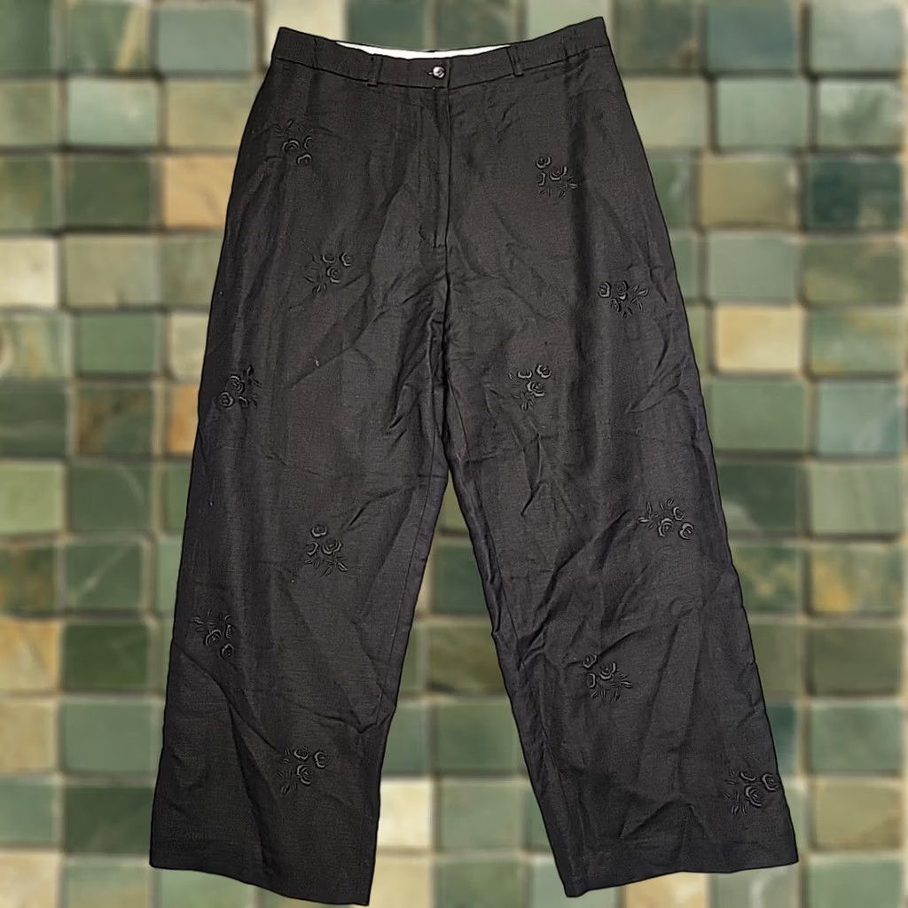 Vintage Jillian Jones Pants Womens 12 Black Embroidered Floral Linen Rayon Wide-Leg Pants Size 34" / US 12 / IT 48 - 1 Thumbnail