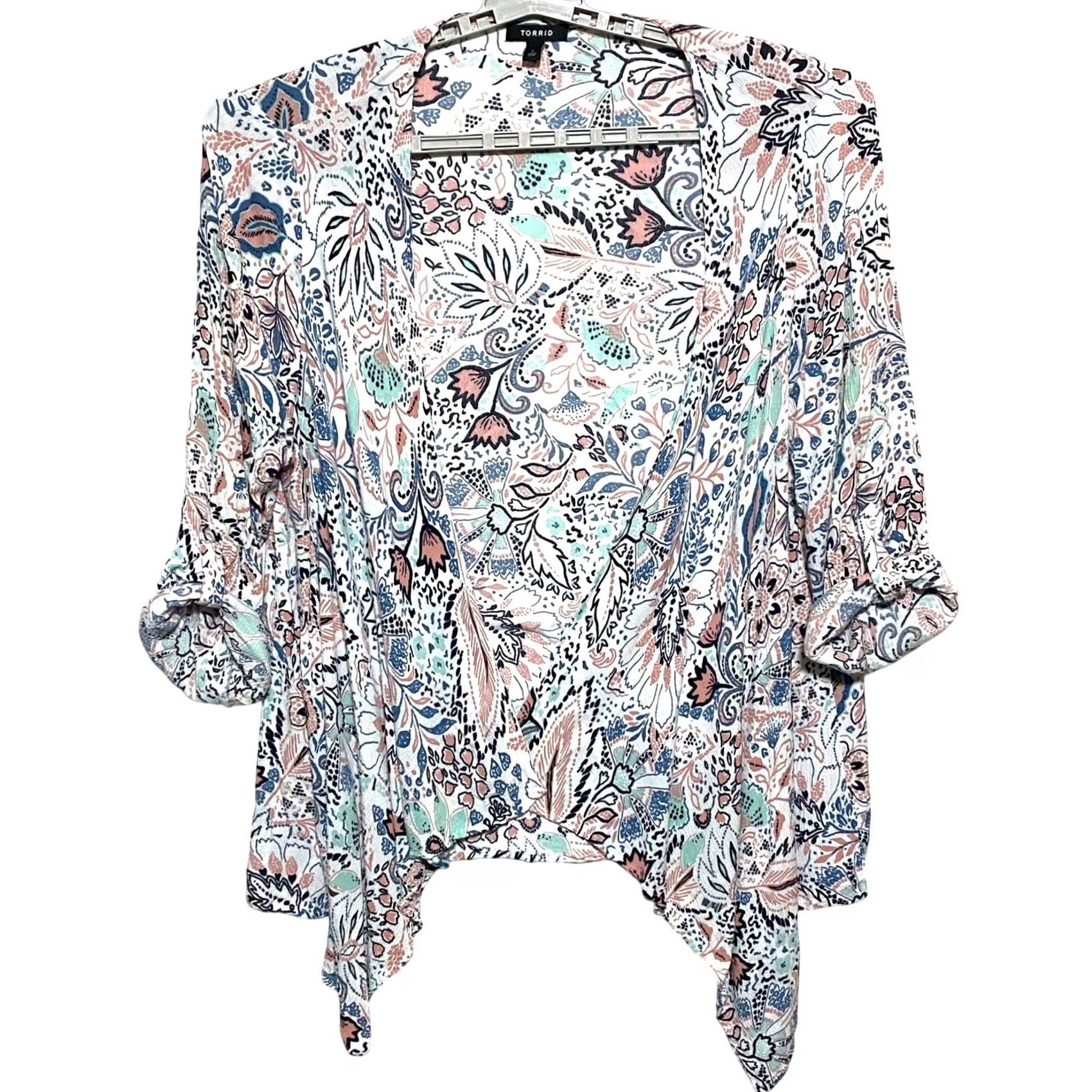 Torrid Torrid Floral Paisley Kimono Cardigan Open Front Gauze Rayon Pastel Boho Flowy 2X Plus Womens Blouse Size XXL / US 16-18 / IT 52-54 - 2 Thumbnail
