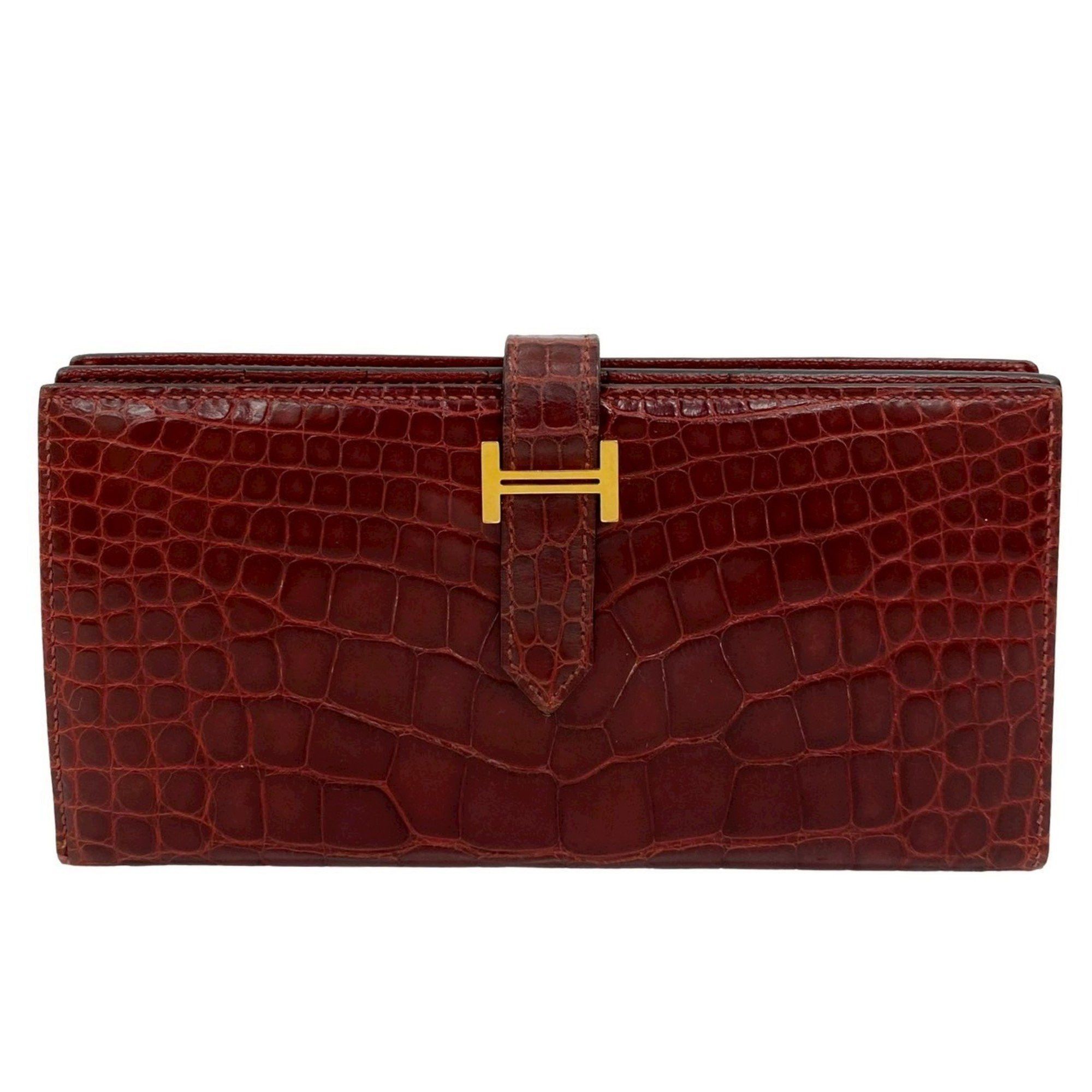 HERMES Bearn Soufflet logo hardware alligator leather bifold long