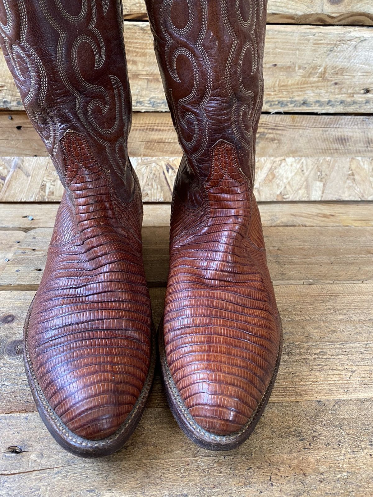 Lucchese × Vintage Lucchese brown leather western boots exotic skin, lizard sz8 Size US 8 / IT 38 - 3 Thumbnail