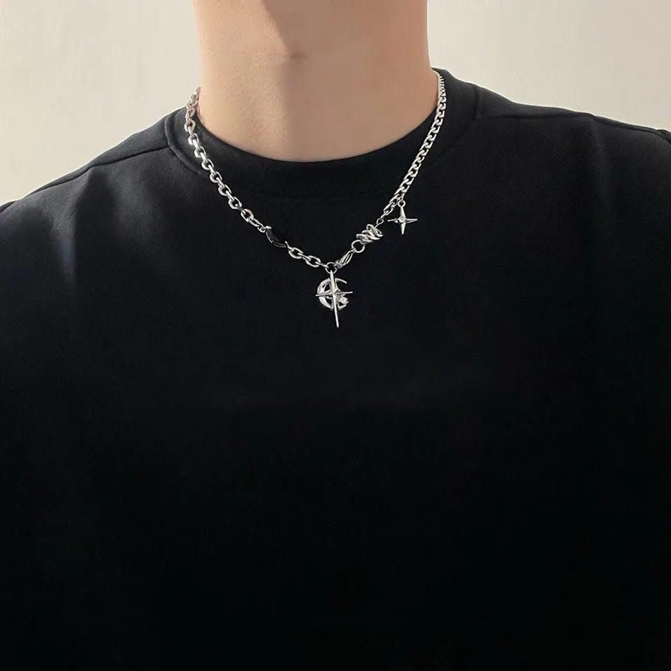 Jewelry Black Crystal Star Light Moon Chain Necklace in Silver, Men's
