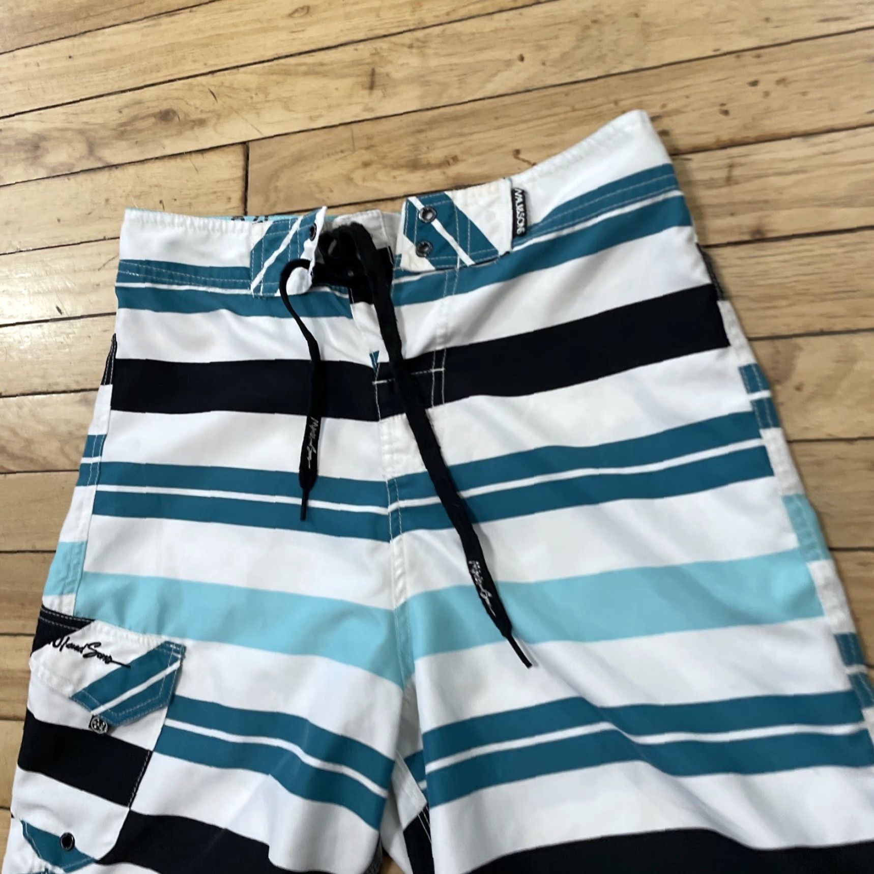 AQUA VINTAGE Maui and Sons Swim Trunks Mens 30 Teal Blue Aqua White Striped Surf Board Shorts Size US 30 / EU 46 - 3 Thumbnail
