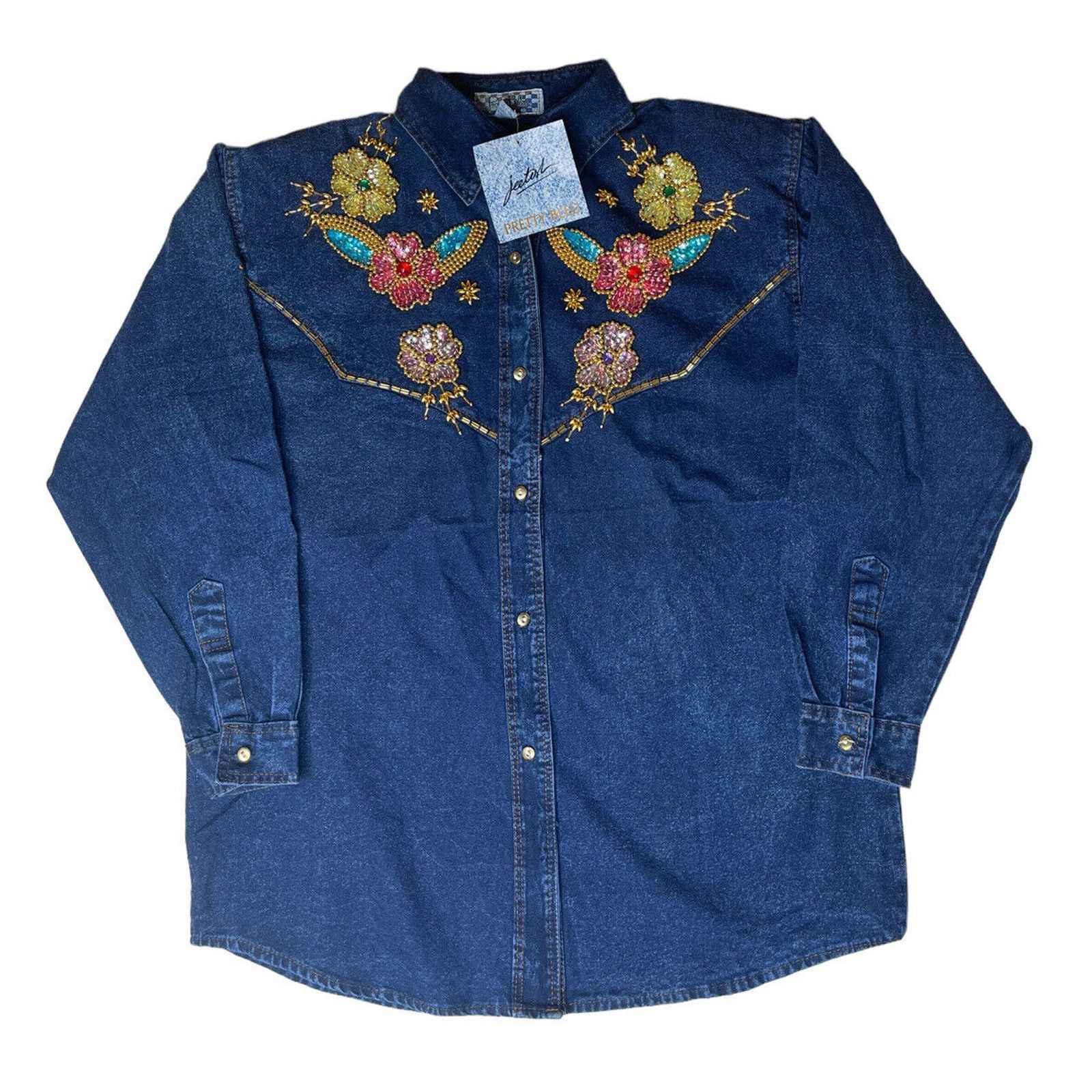 Other Vtg Jeetish Pretty Bleu Blue Denim Beaded Sequin Shirt S Size S / US 4 / IT 40 - 1 Thumbnail