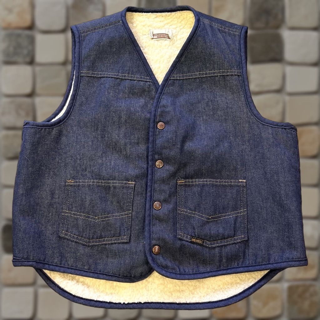 Vintage Sears Western Wear Vest Large Navy Blue Lined Denim Roebucks 51306 Men Western Vest