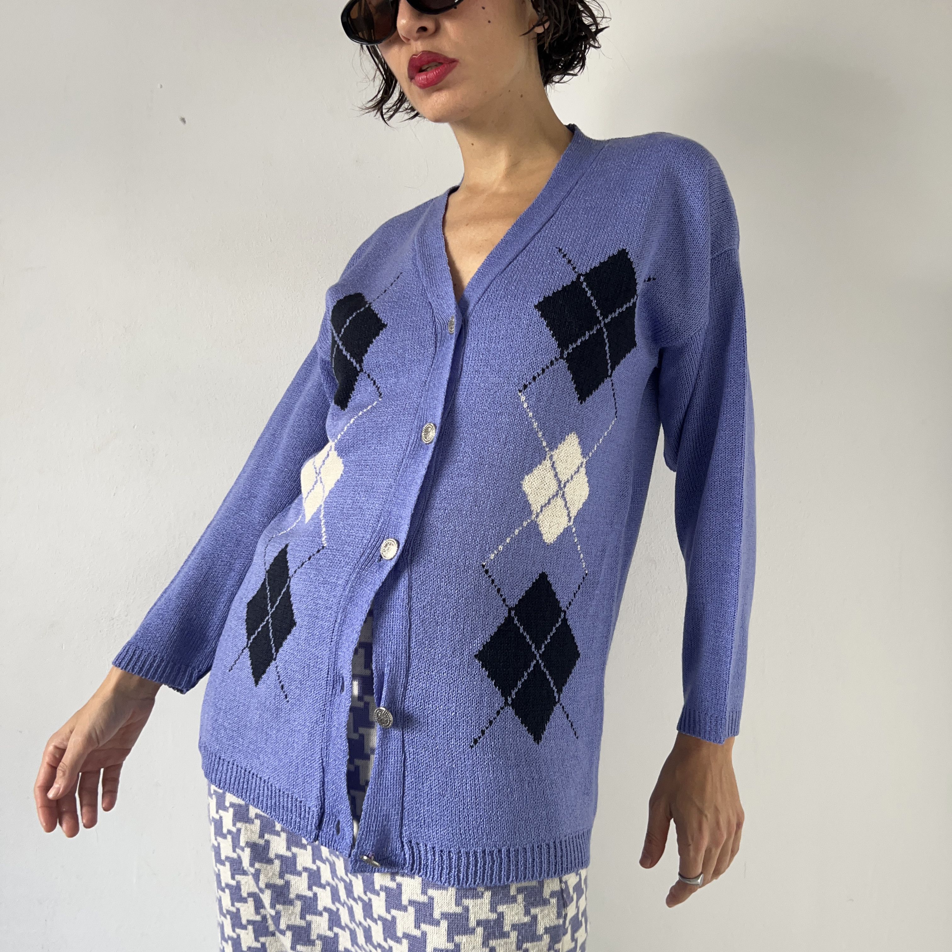 Vintage Vintage Argyle Purple Knit Sweater Cardigan Size L / US 10 / IT 46 - 4 Thumbnail