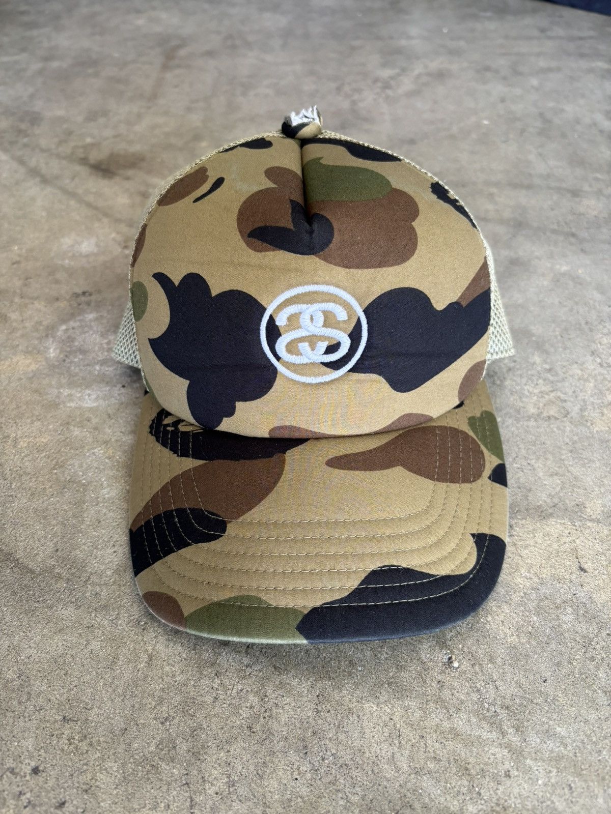 Pre-owned Bape X Stussy Trucker Hat Camo Green