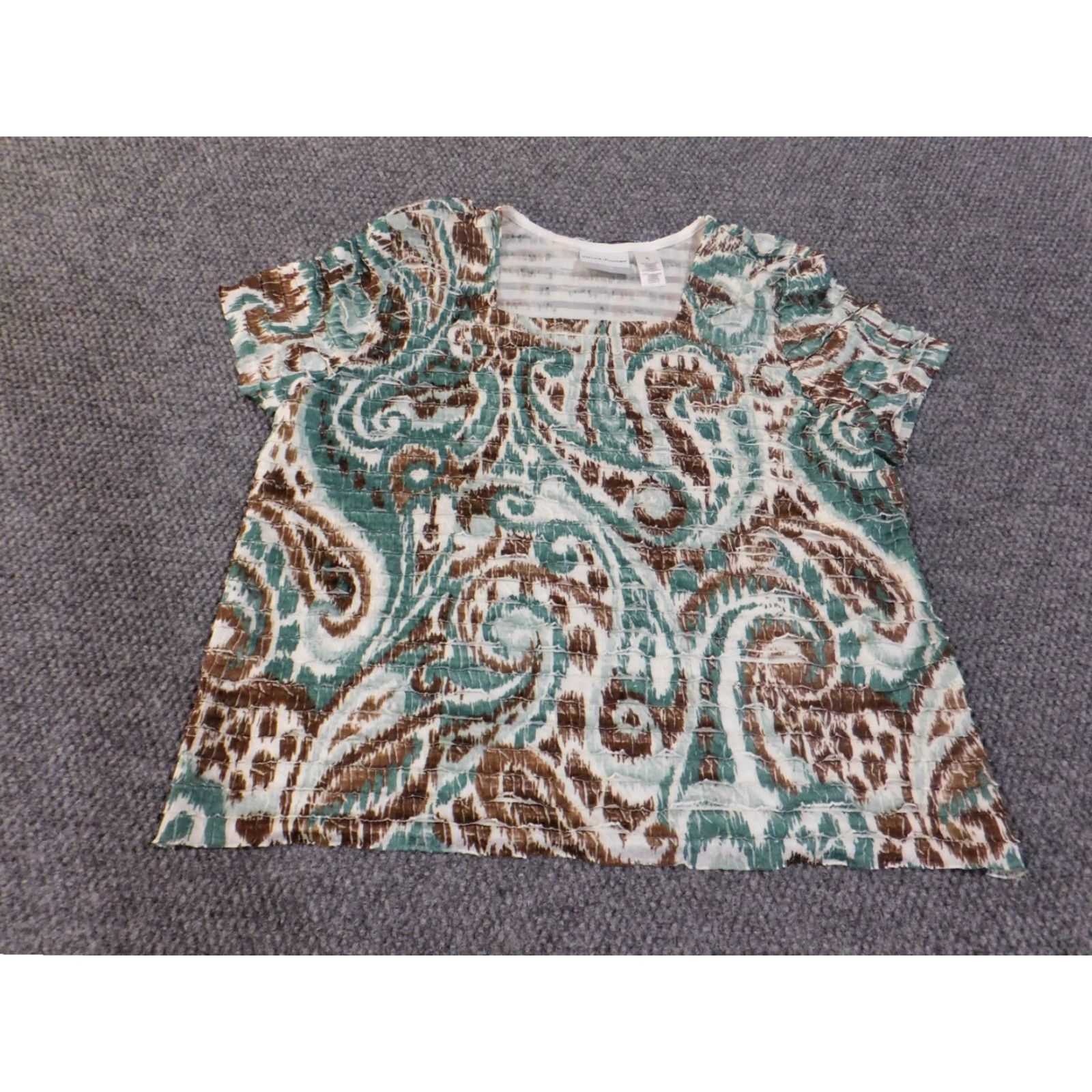 Vintage alfred dunner Blouse Shirt Petite Large Green Geometric Stretch Ruffles Womens Pullover Casual Short Sleeve Round Neck Top Blouse? Size L / US 10 / IT 46 - 4 Thumbnail