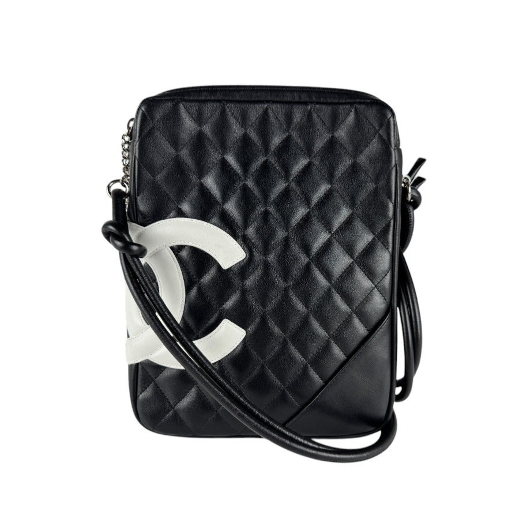 Chanel Shoulder Bag Cambon Line Leather Black White Silver Women's Z4771