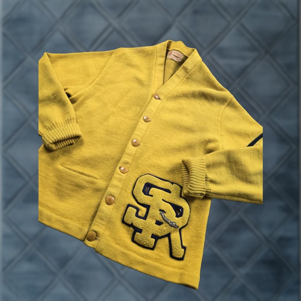 VINTAGE H.L. Whiting Letterman Cardigan Sweater L Wool Yellow 1950s Mens