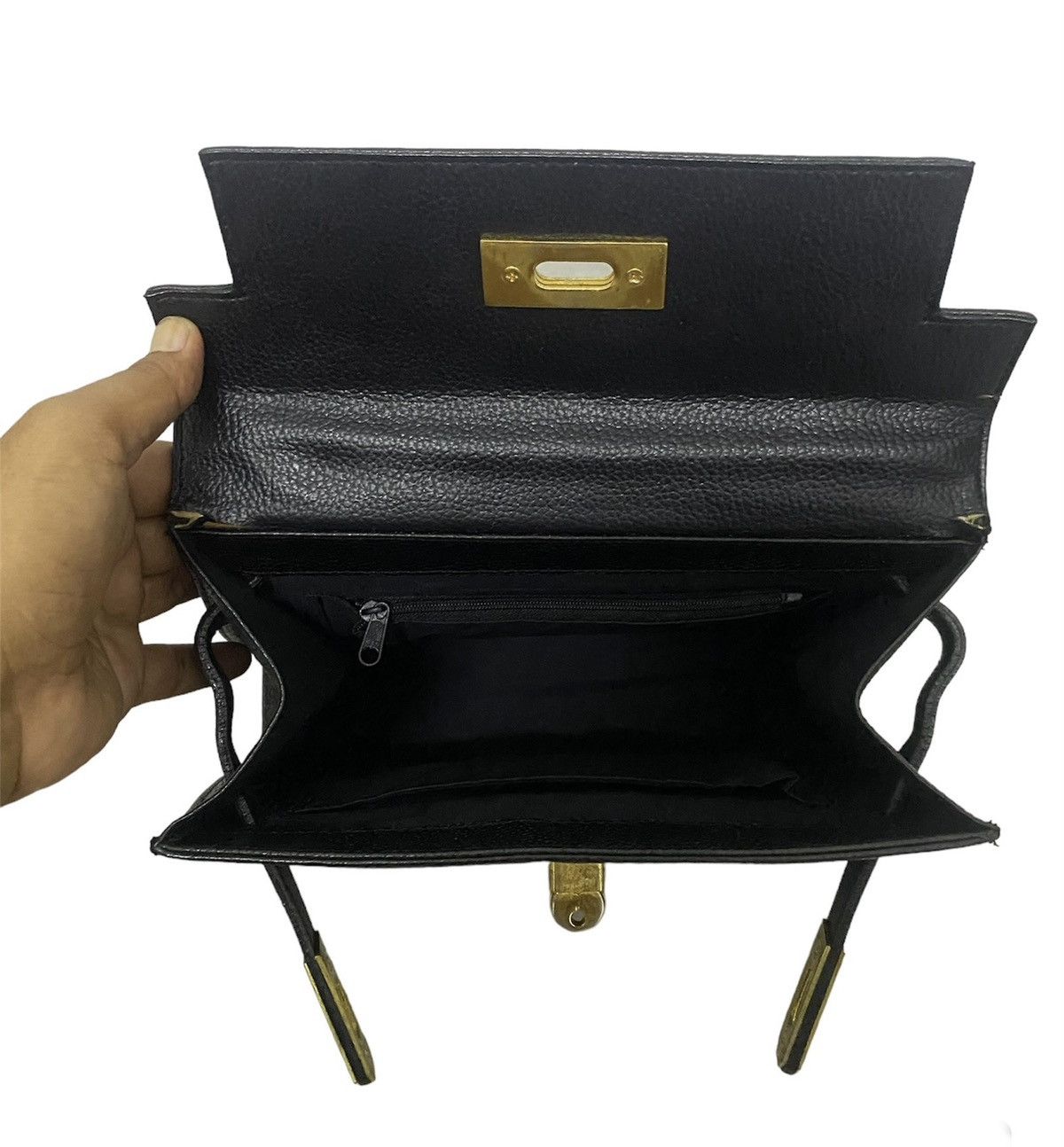 Genuine Leather Vintage Birkin Bag Top Handle Black Structured Satchel Gold Size ONE SIZE - 5 Thumbnail