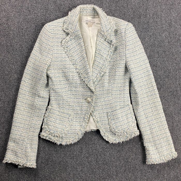 Zara Zara Blazer Women's 4 Blue White Knit Jacket 1 Button Acrylic ...