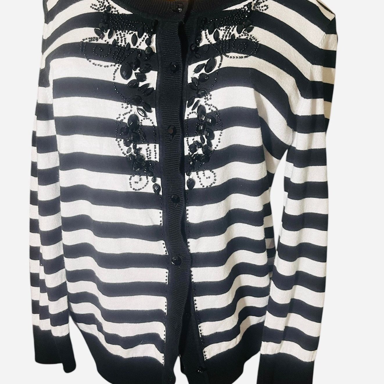 Other Talbots Black and White Striped Beaded Cardigan Sz Medium Size M / US 6-8 / IT 42-44 - 4 Thumbnail