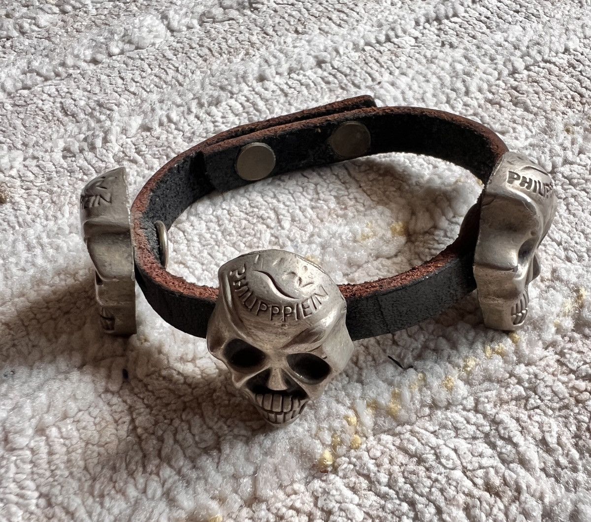 Leather Engraved Skull Leather Philip Plein Bracelet Size ONE SIZE - 1 Thumbnail