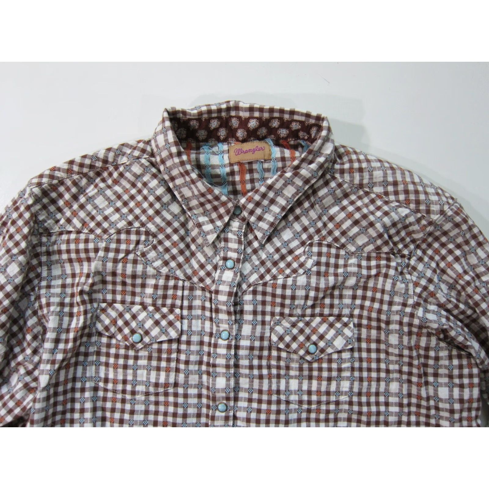 Wrangler Wrangler 100% Cotton Brown Blue Plaid Snap Button Long Sleeve Western Blouse L Women Shirt Western Size L / US 10 / IT 46 - 4 Thumbnail