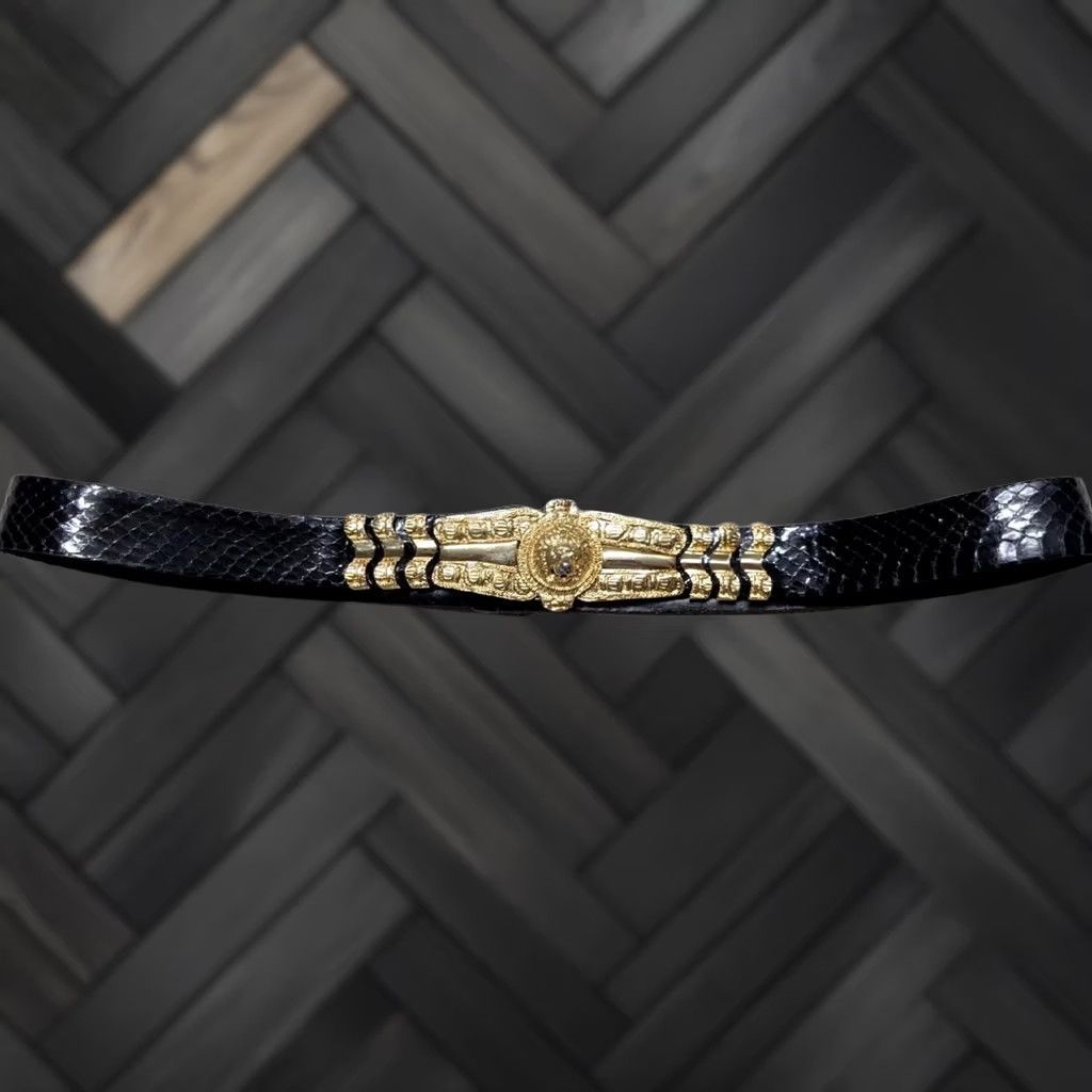 Judith Leiber VINTAGE JUDITH LEIBER Belt snakeskin LION BUCKLE gold black adjustable 24-38" OS Women 1990's 1980's Glam Statement Size ONE SIZE - 1 Thumbnail