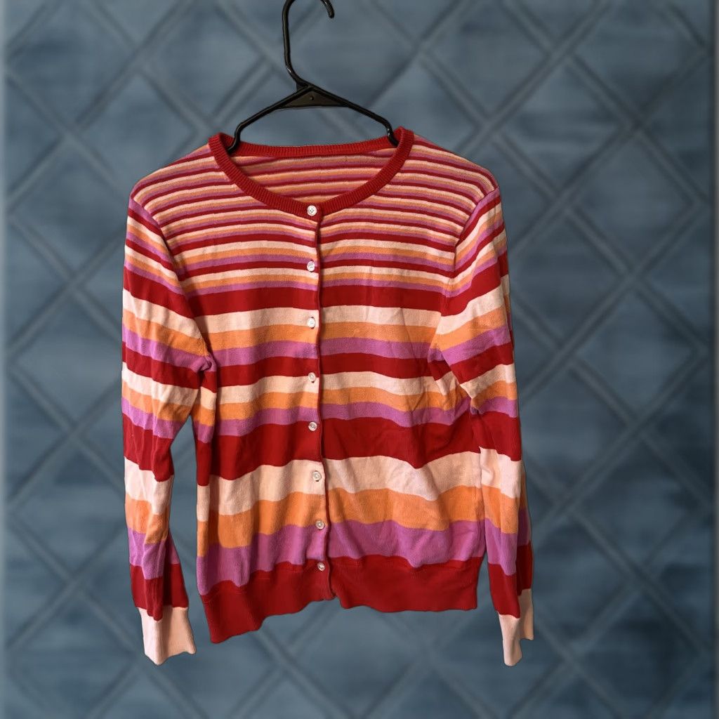 Lands' End Vintage Lands' End Womens Red Striped Crew Neck Cardigan Sweater Small Knit Leisure Size S / US 4 / IT 40 - 1 Thumbnail