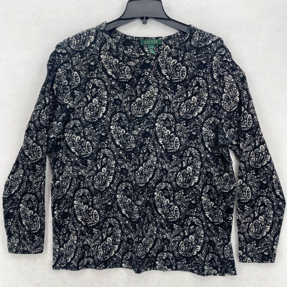 Ralph Lauren Lauren Ralph Lauren Women's Black Paisley Long Sleeve Cotton Knit Top Size 2X Size XXL / US 16-18 / IT 52-54 - 2 Thumbnail