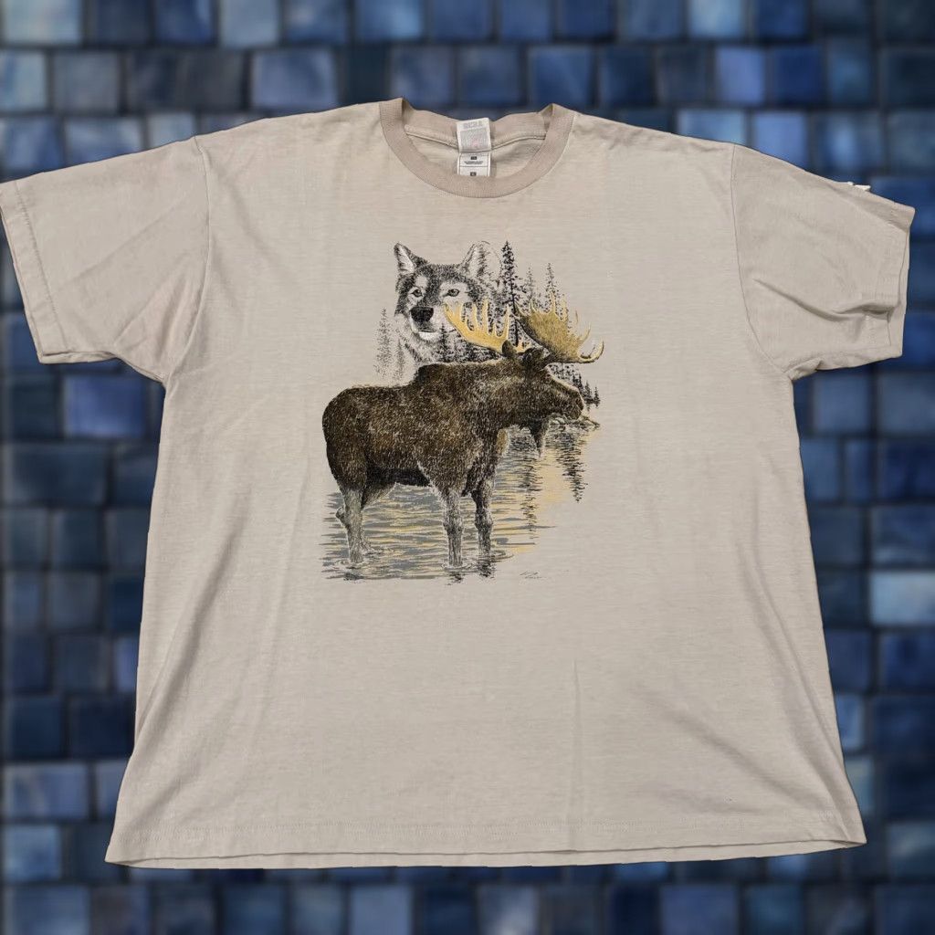 Vintage VINTAGE Wolf T-Shirt 90s Elk Wolf Nature Tee Mens XL Beige Mens XL 90s Beige Size US XL / EU 56 / 4 - 1 Thumbnail