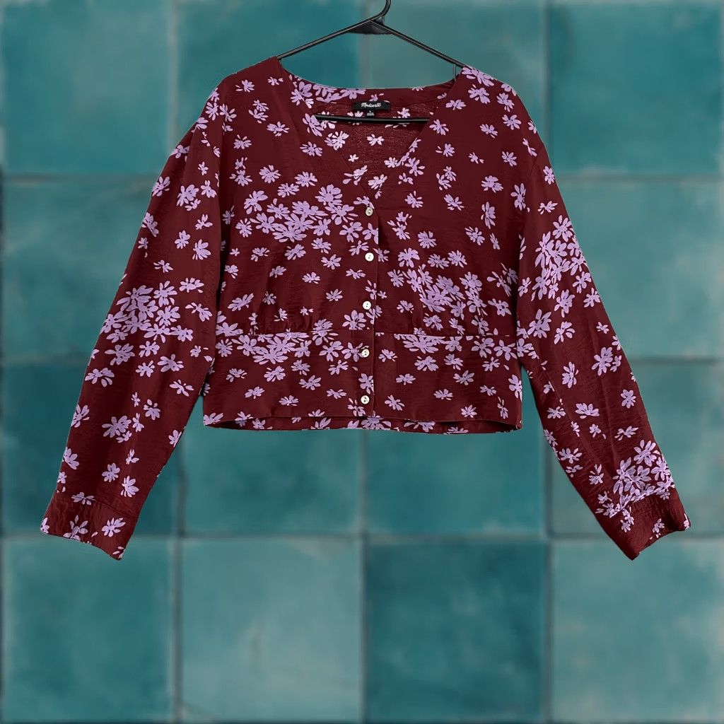 Madewell VINTAGE Madewell Floral Top Womens L Red Button Front Cropped Long Sleeve Size L / US 10 / IT 46 - 1 Thumbnail
