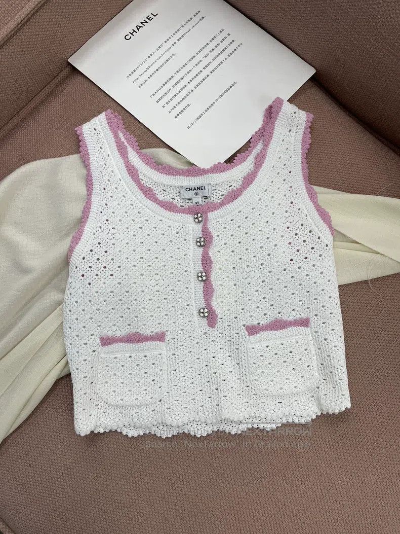 Chanel 24P white knitted hollowed-out pink-edged vest