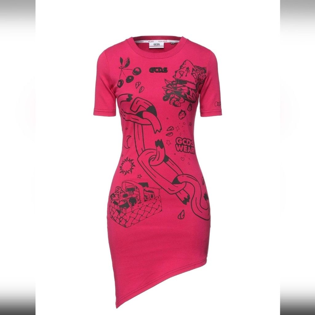 GCDS GCDS Pink Asymmetrical T-Shirt Dress with Black Graphics Size L / US 10 / IT 46 - 1 Thumbnail