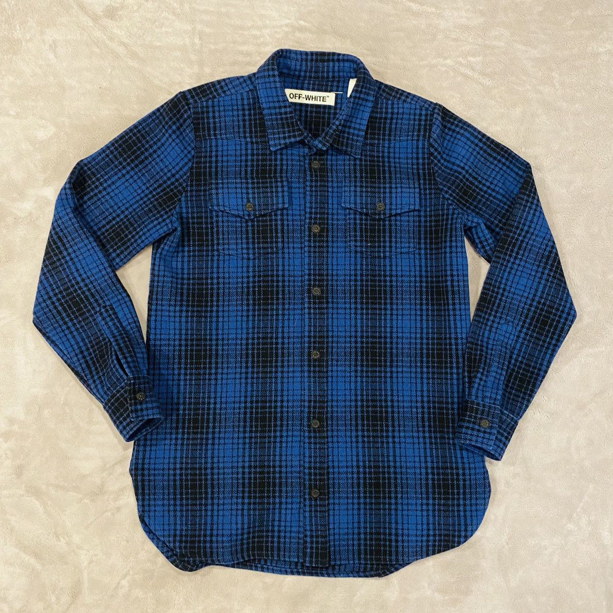 image of Off White Off-White Virgil Abloh Blue Plaid Flannel Wool Shirt Small, Men's