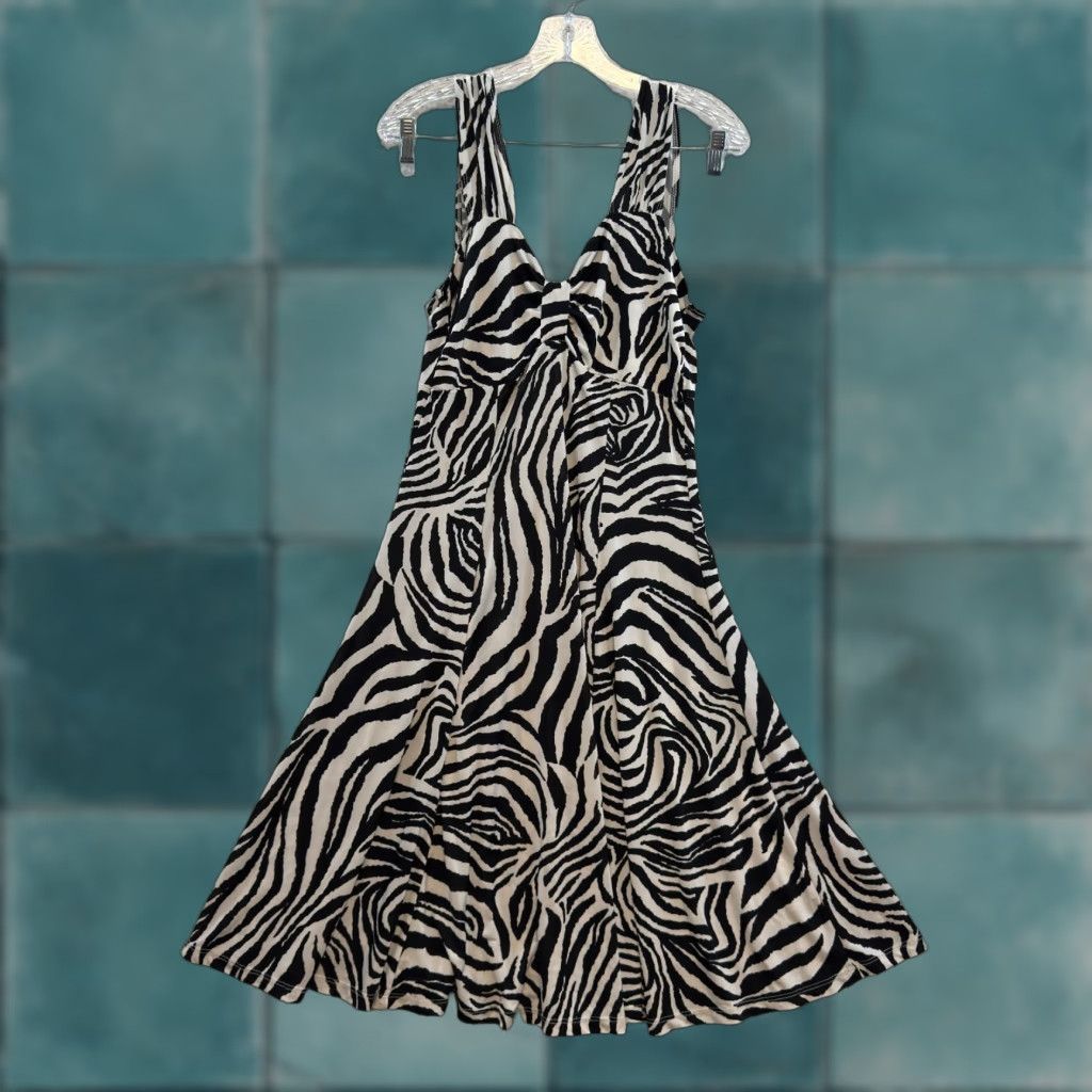 VINTAGE Y2K McBling Midi Dress 1X Plus Size Black White Zebra Slinky Stretch Reina Womens