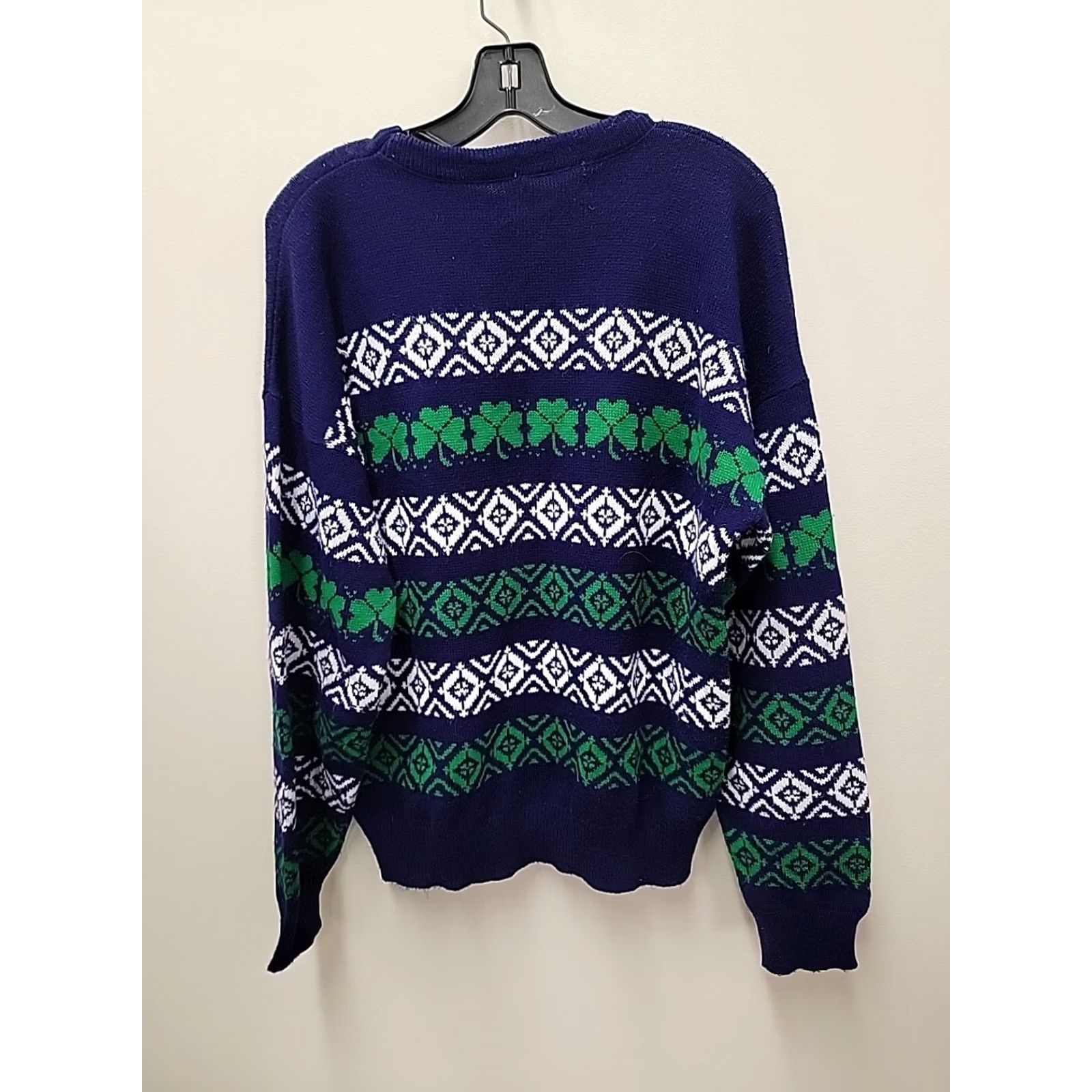 NEXT VINTAGE What's Next SHAMROCK Crew Neck Sweater Long Sleeve Unisex Adults L Blue Acrylic Knit Pullover St Patrick's Day Geometric Pattern Mens Womens Size US L / EU 52-54 / 3 - 6 Thumbnail