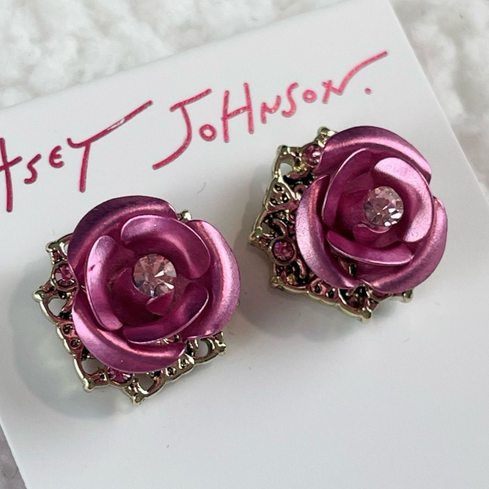 Betsey Johnson BETSEY JOHNSON • Pink/Gold Rose Rhinestone Stud Earrings Size ONE SIZE - 5 Thumbnail