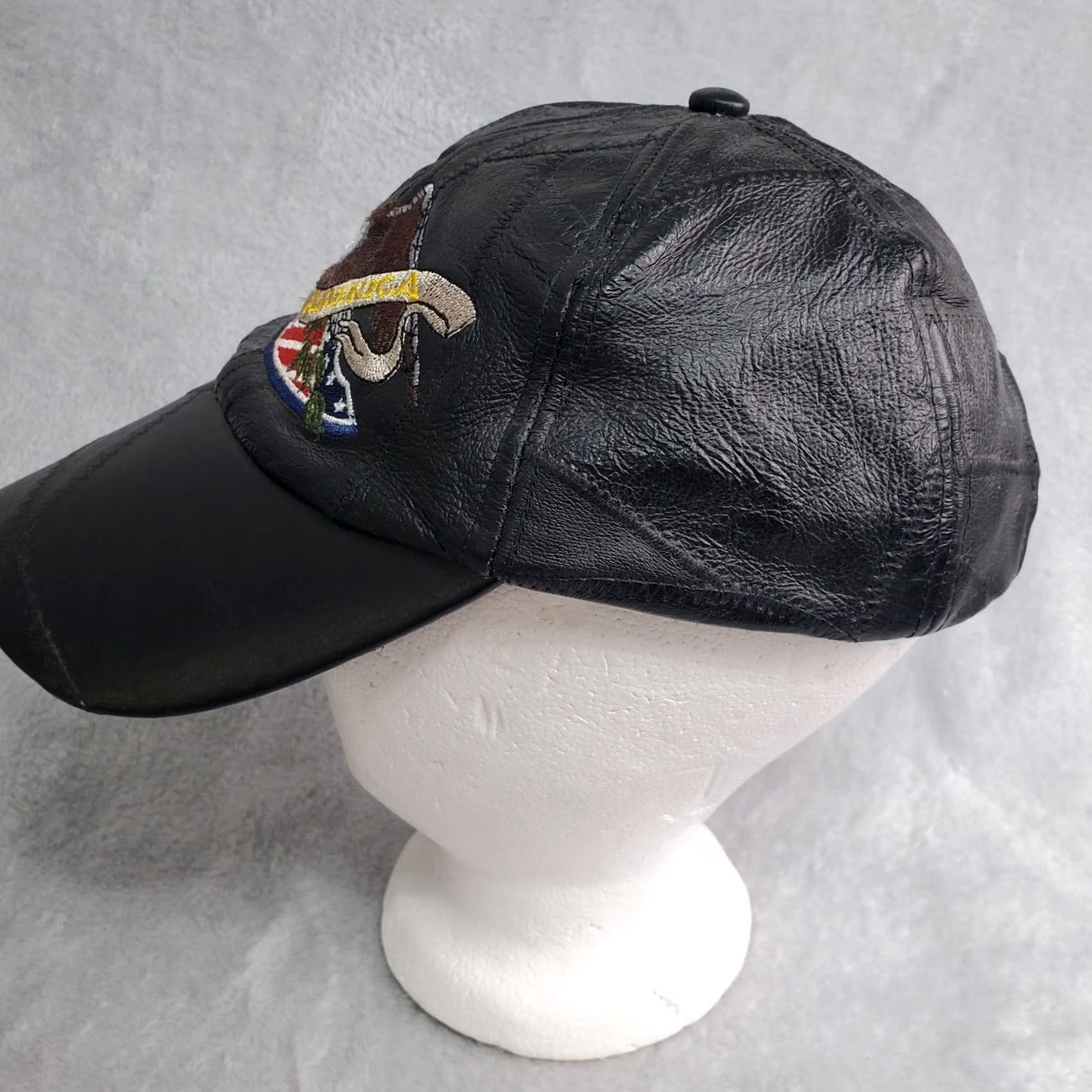 Vintage God Bless America Leather Baseball Cap Hat Men's Black Patchwork Eagle Flag Size ONE SIZE - 5 Thumbnail