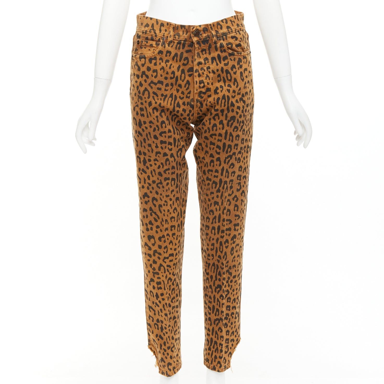 SAINT LAURENT 2018 brown leopard animal print distressed hem jeans 27