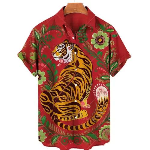 Japanese Brand Hawaiian Color Tiger Print Chinese Summer Shirt Size US M / EU 48-50 / 2 - 1 Thumbnail