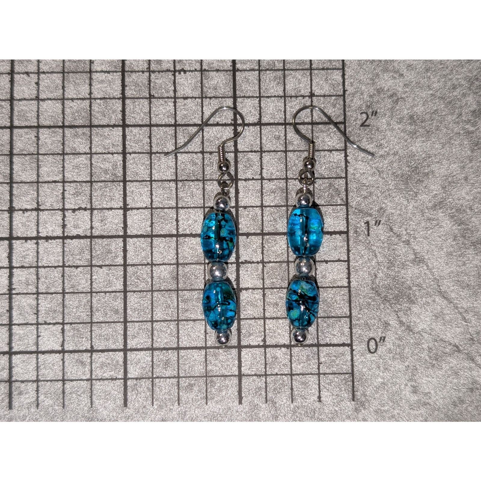Vintage Vintage 1980 Silver-Tone & Teal Marbled Bead Dangle Earrings Size ONE SIZE - 3 Thumbnail