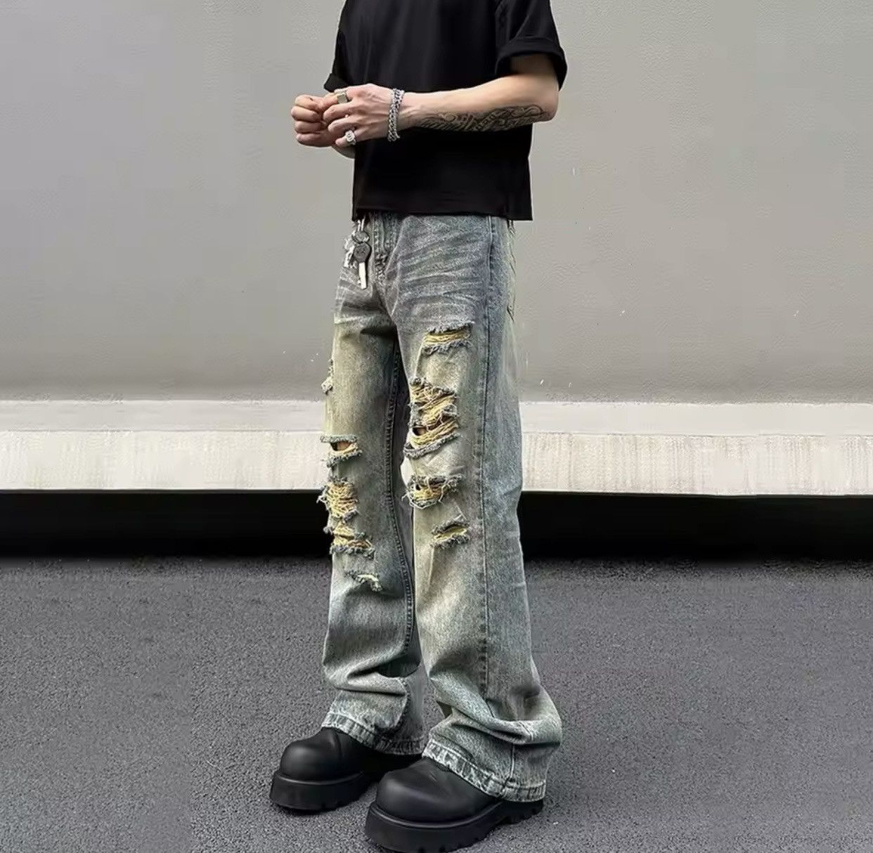 Japanese Brand × Jean Straight leg slimming distressed jeans Size US 35 - 6 Thumbnail