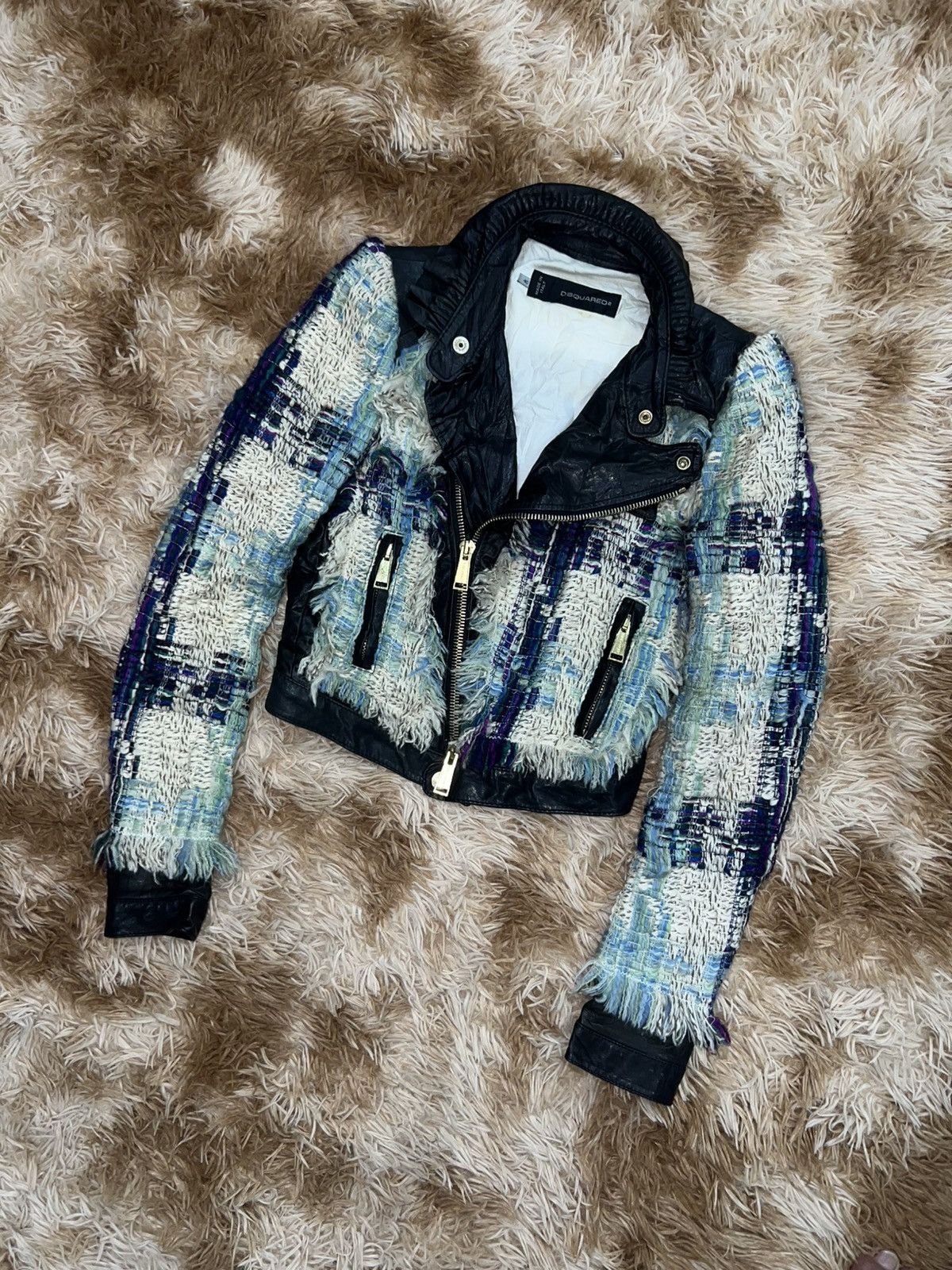 Dsquared2 DSQUARED² Archival Mixed-Media Tweed & Leather Moto Jacket Size US XXS / EU 40 - 2 Thumbnail