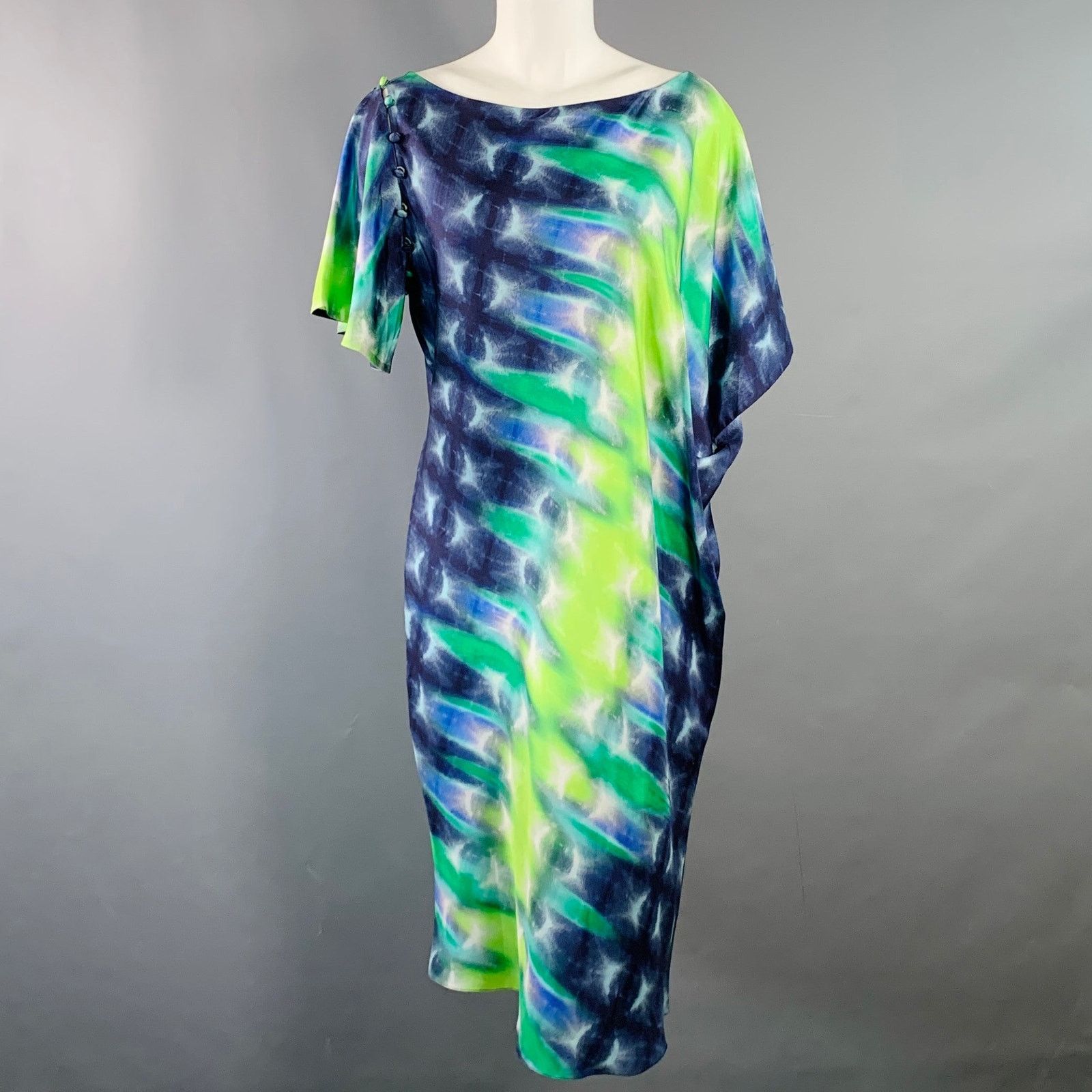 Blue Green Silk Tie Dye Asymmetrical Batwing Midi Dress