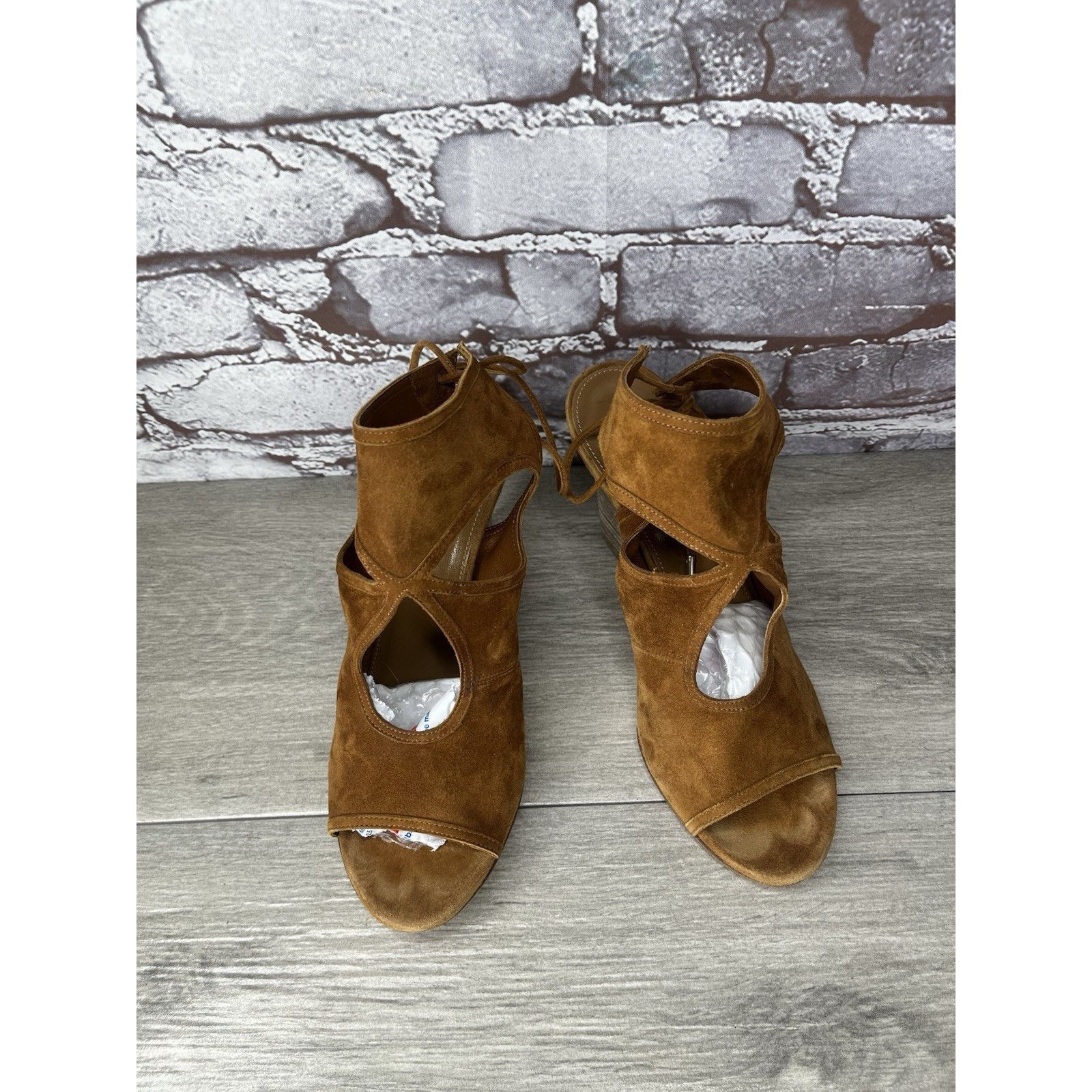 Aquazzura Aquazzura Sexy Thing Camel Ankle Open Toe Lace Up Suede Wedg Size US 7 / IT 37 - 11 Thumbnail