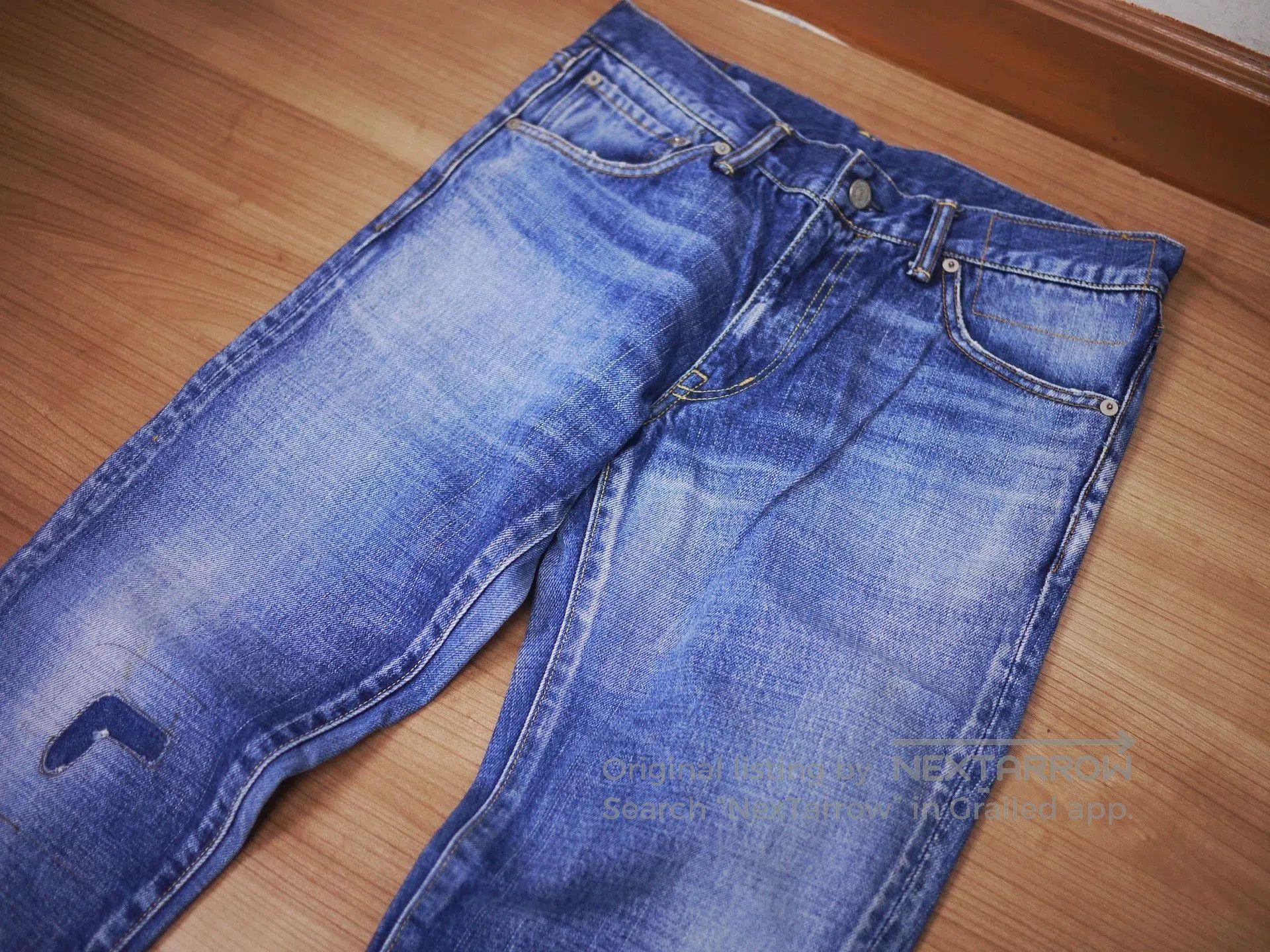 Blue Denim Jeans with Distressed Detail - Size 32.