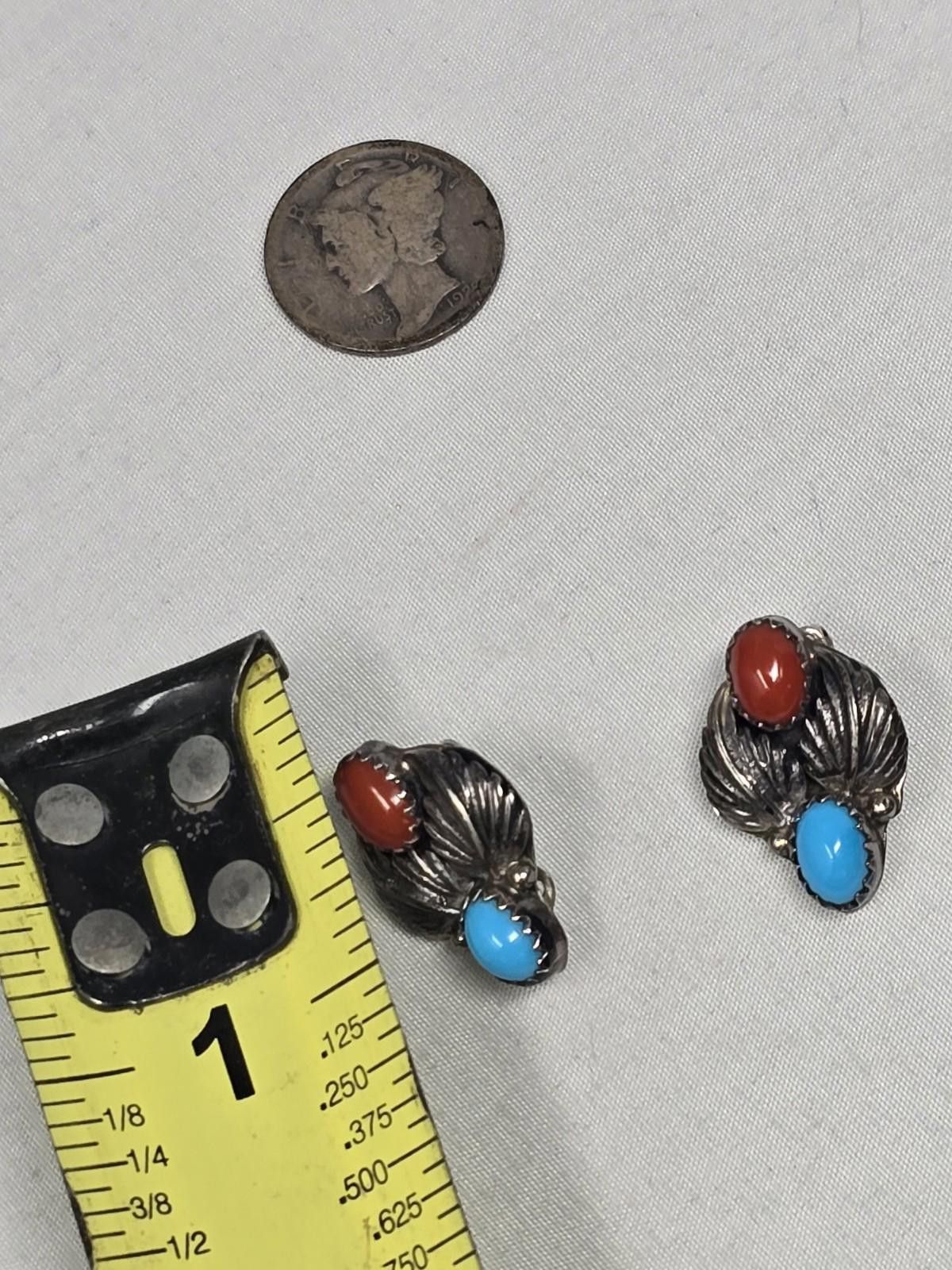 Other Sterling Silver Turquoise Coral Clip Earrings Vintage Size ONE SIZE - 6 Thumbnail