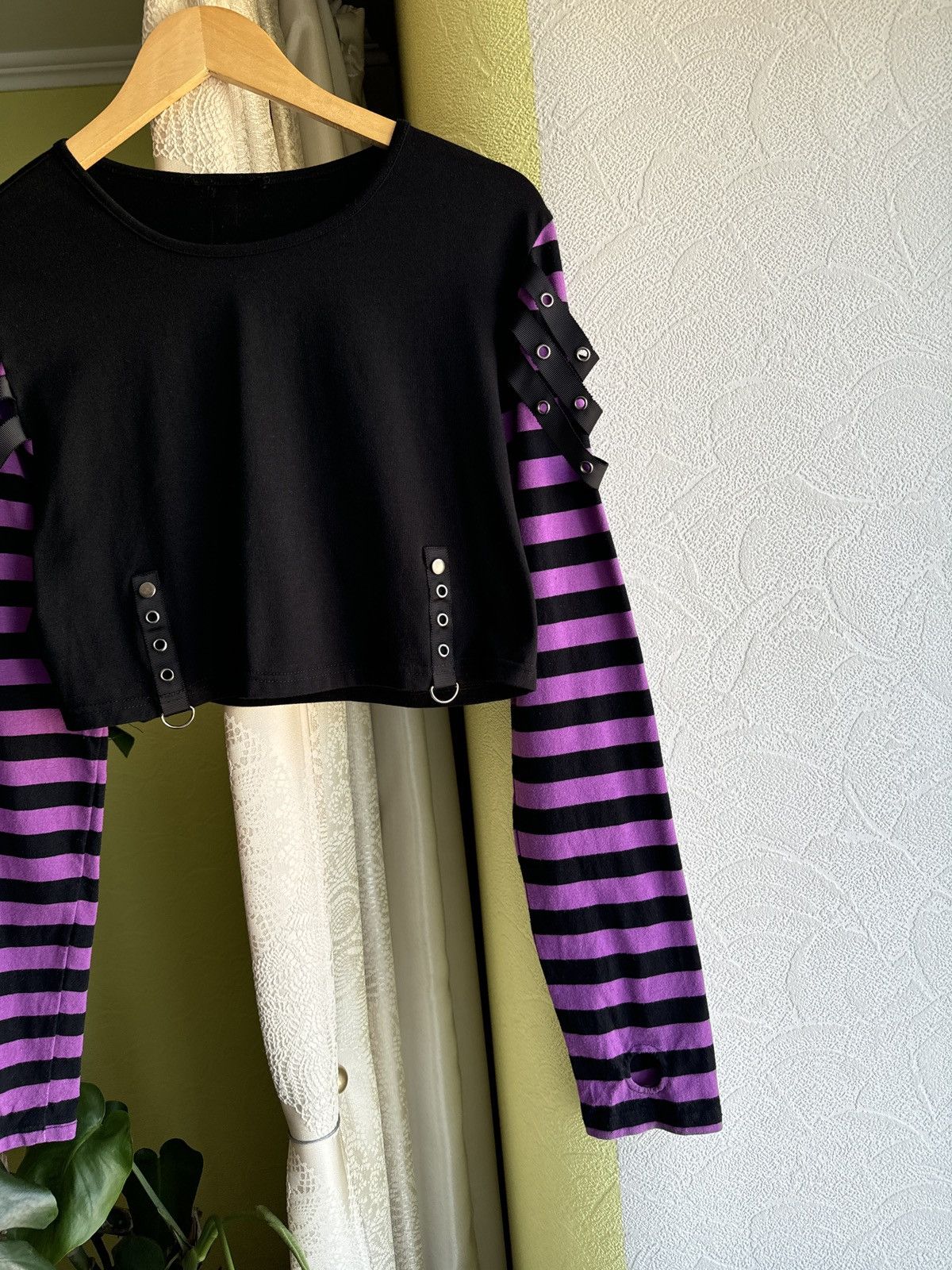 Hysteric Glamour Vintage Emo Punk Goth Cropped Longsleeve Top Black Purple Size M / US 6-8 / IT 42-44 - 7 Thumbnail